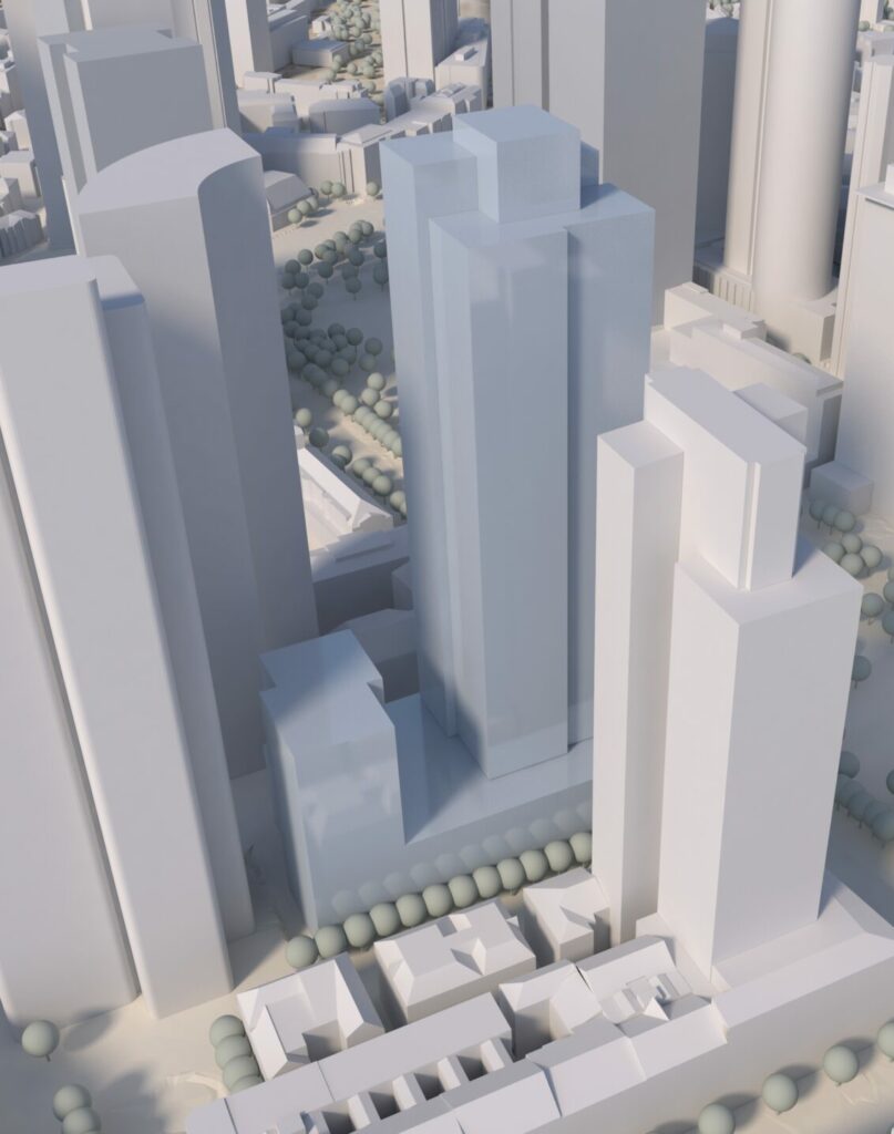 Dieses Bild zeigt das Künftige Objekt der Gallusanlage 8 als gerenderte 3D Ansicht aus der Vogelperspektive und aus Sicht der Kaiserstraße. Der ga8 Turm ist in einem leichten blau-grau von den anderen Türmen hervorgehoben.
