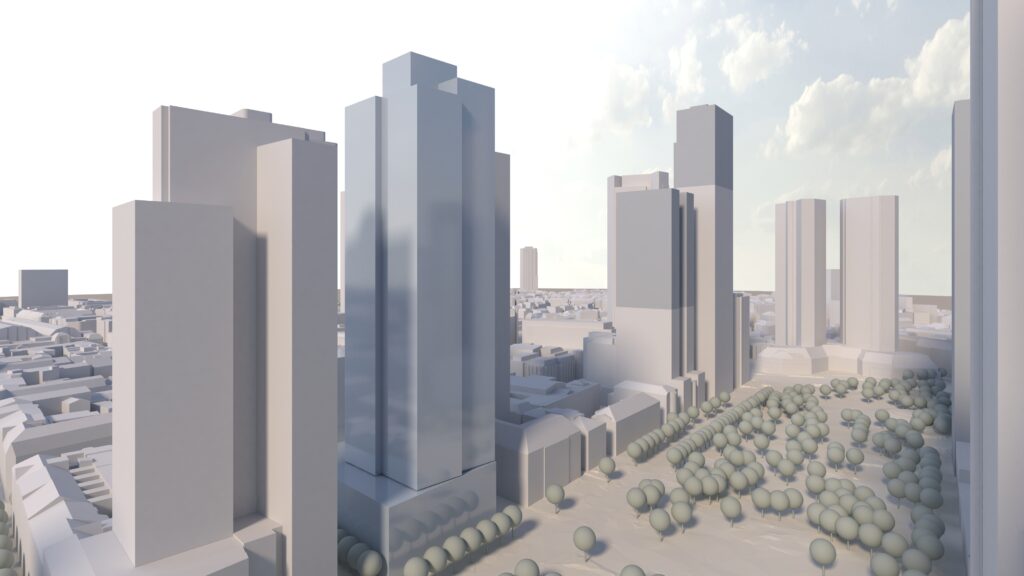 Dieses Bild zeigt das Künftige Objekt der Gallusanlage 8 als gerenderte 3D Ansicht aus Sicht der Taununganlage. Der ga8 Turm ist in einem leichten blau-grau von den anderen Türmen hervorgehoben.