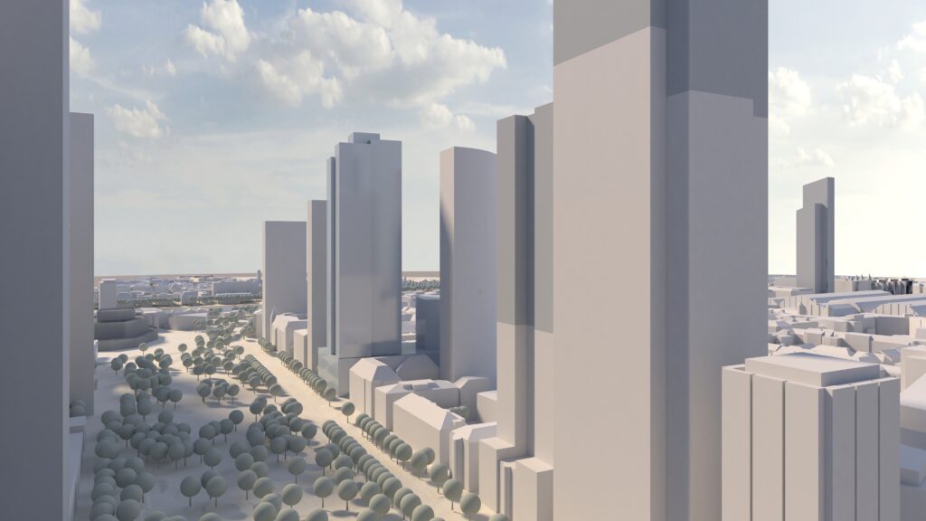 Dieses Bild zeigt das Künftige Objekt der Gallusanlage 8 als gerenderte 3D Ansicht aus Sicht der Taununganlage. Der ga8 Turm ist in einem leichten blau-grau von den anderen Türmen hervorgehoben.
