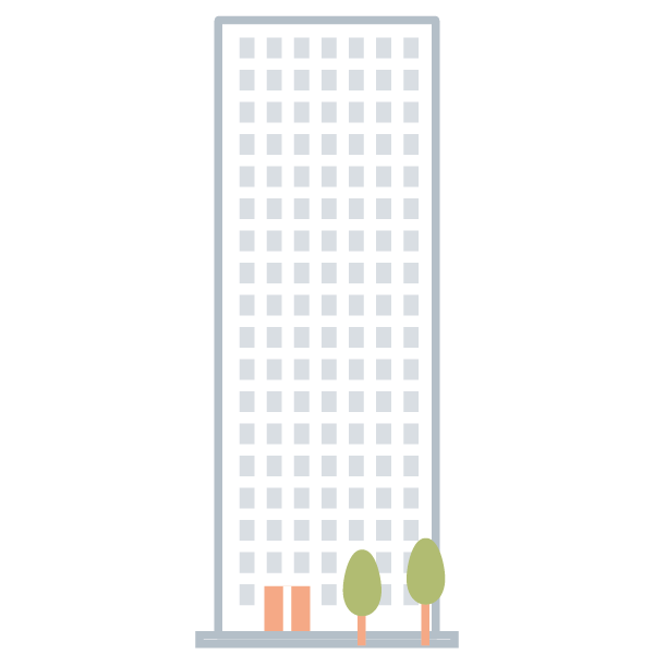 Dieses Icon für die Stadtentwicklung Frankfurt zeigt einen grauen Büroturm mit orangener Eingangstür. Davor stehen zwei Bäume.