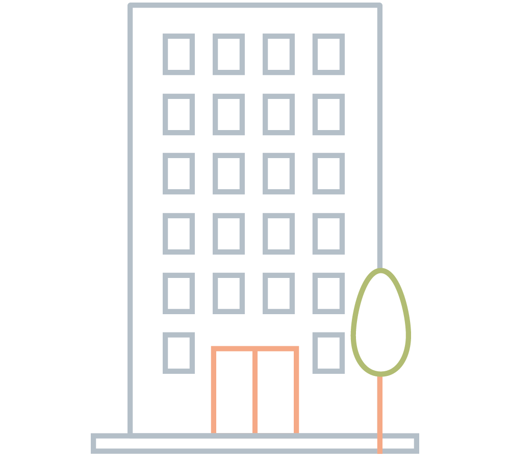 Dieses Icon für die Stadtentwicklung Frankfurt zeigt ein graues Hochhaus mit orangener Eingangstür. Davor steht ein Baum. Alles in Linien gezeichnet ohne farbige Flächen.