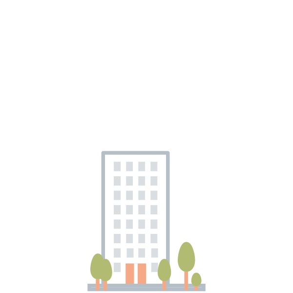 Dieses Icon für die Stadtentwicklung Frankfurt zeigt einen grauen Wohnblock mit orangener Eingangstür. Davor stehen fünf Bäume.